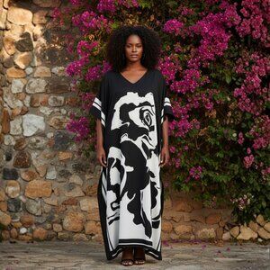Women Floral Printed Kaftan Maxi Dress Black Moo Moos Cover Up by Gypsie Blu